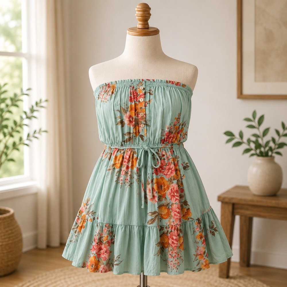 NWOT CUPSHE Floral Mini Dress Women Small Teal Smocked Ruffle Strapless Sundress